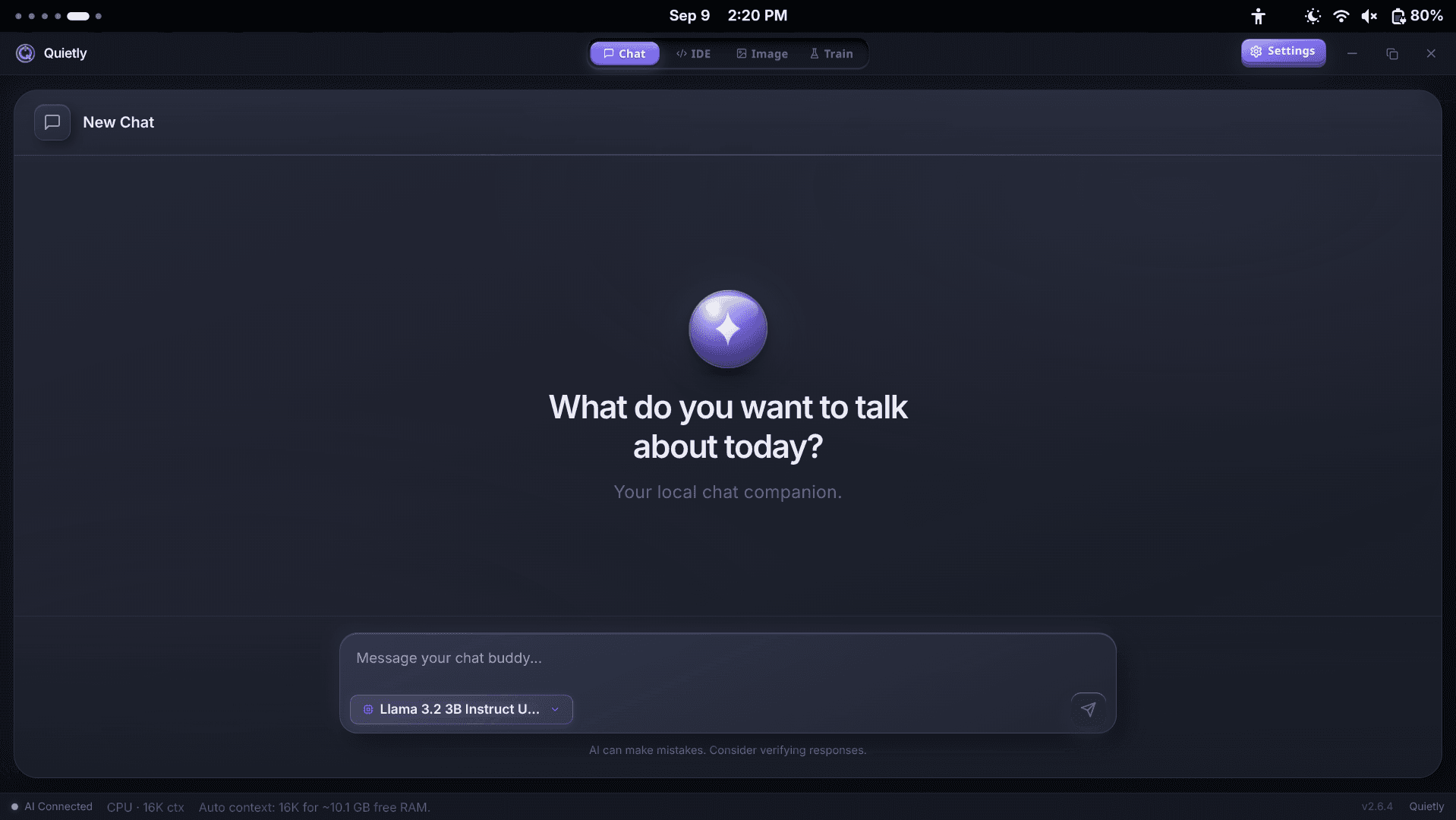 Quietly chat showing the Auto context indicator in the status bar