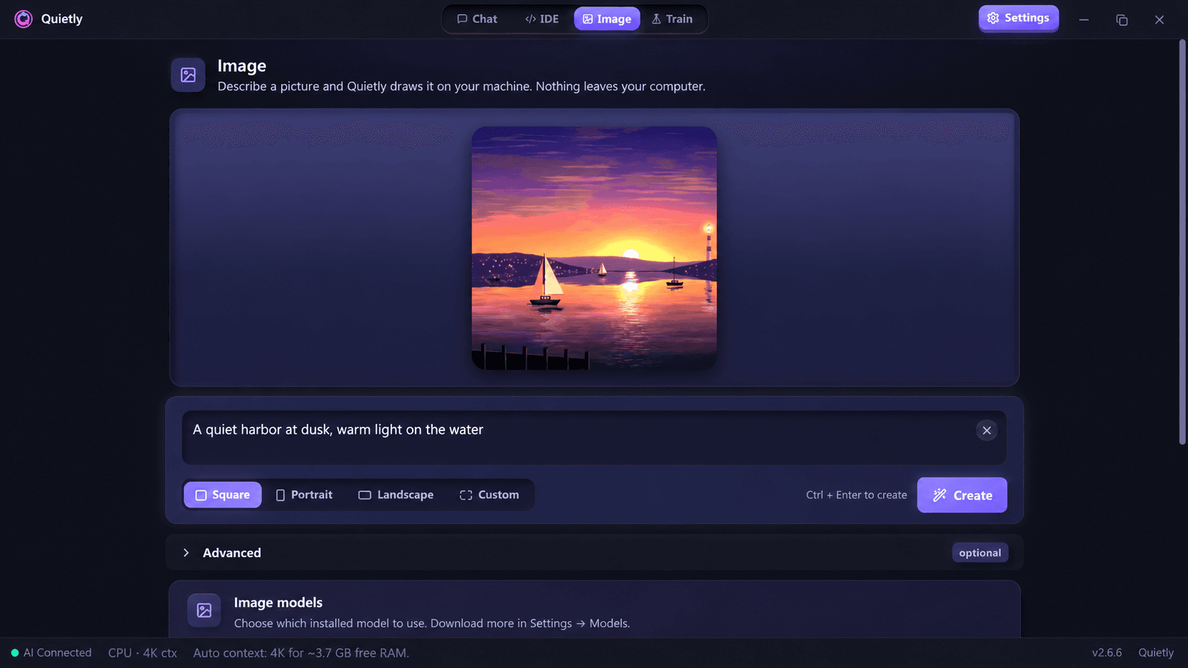 Quietly Image workspace showing a harbor at dusk generated on the computer from a text prompt
