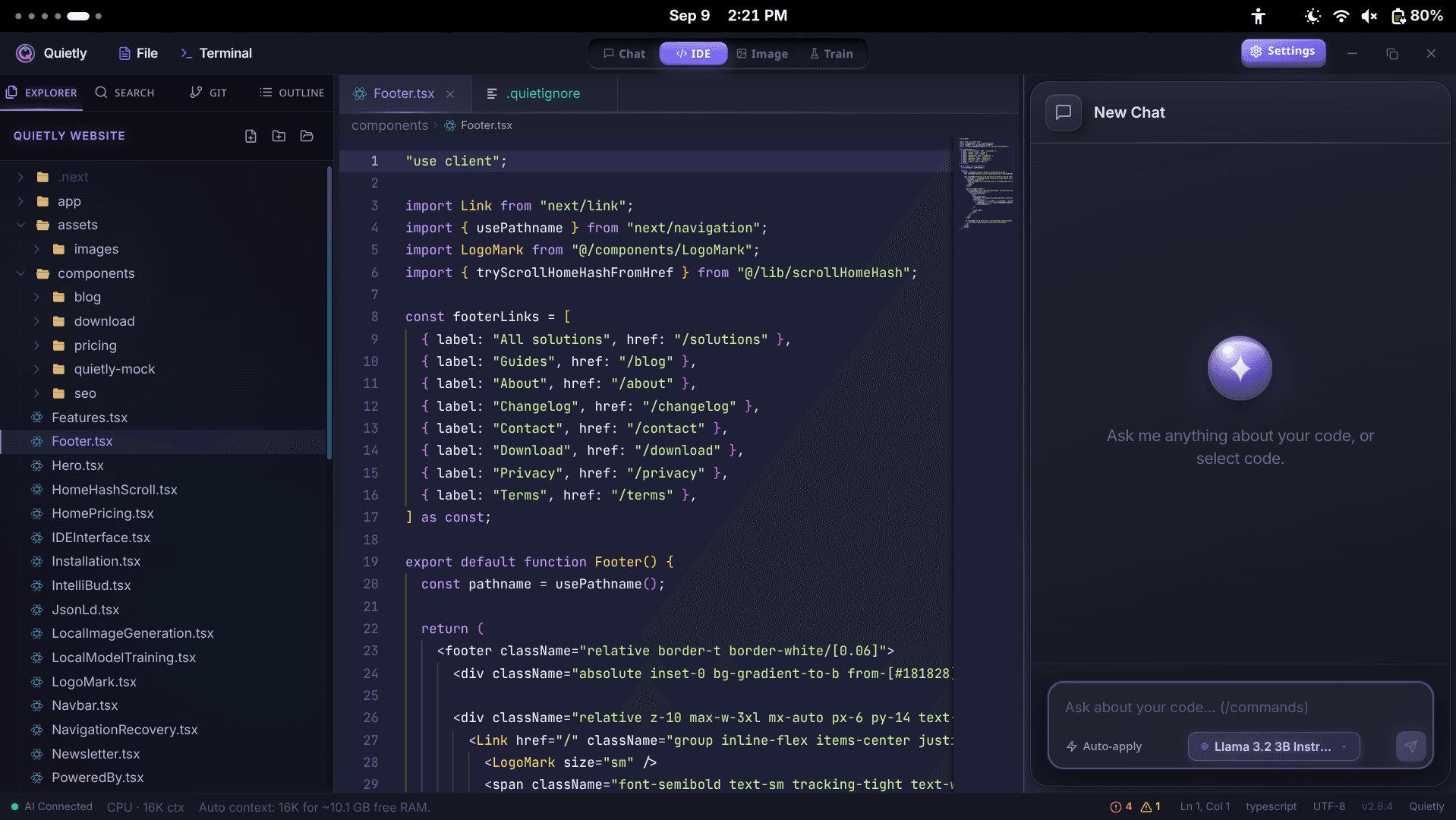 Quietly IDE with file explorer, editor, and AI chat panel