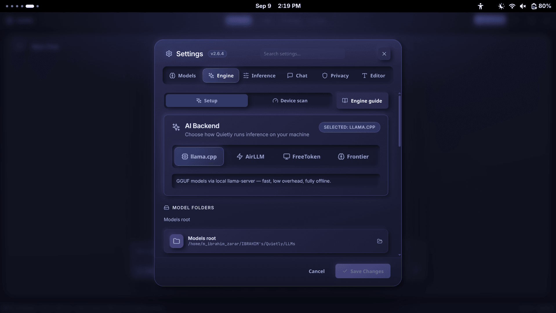 Quietly Settings → Engine showing the llama.cpp, AirLLM, FreeToken, and Frontier backends and the Device scan tab