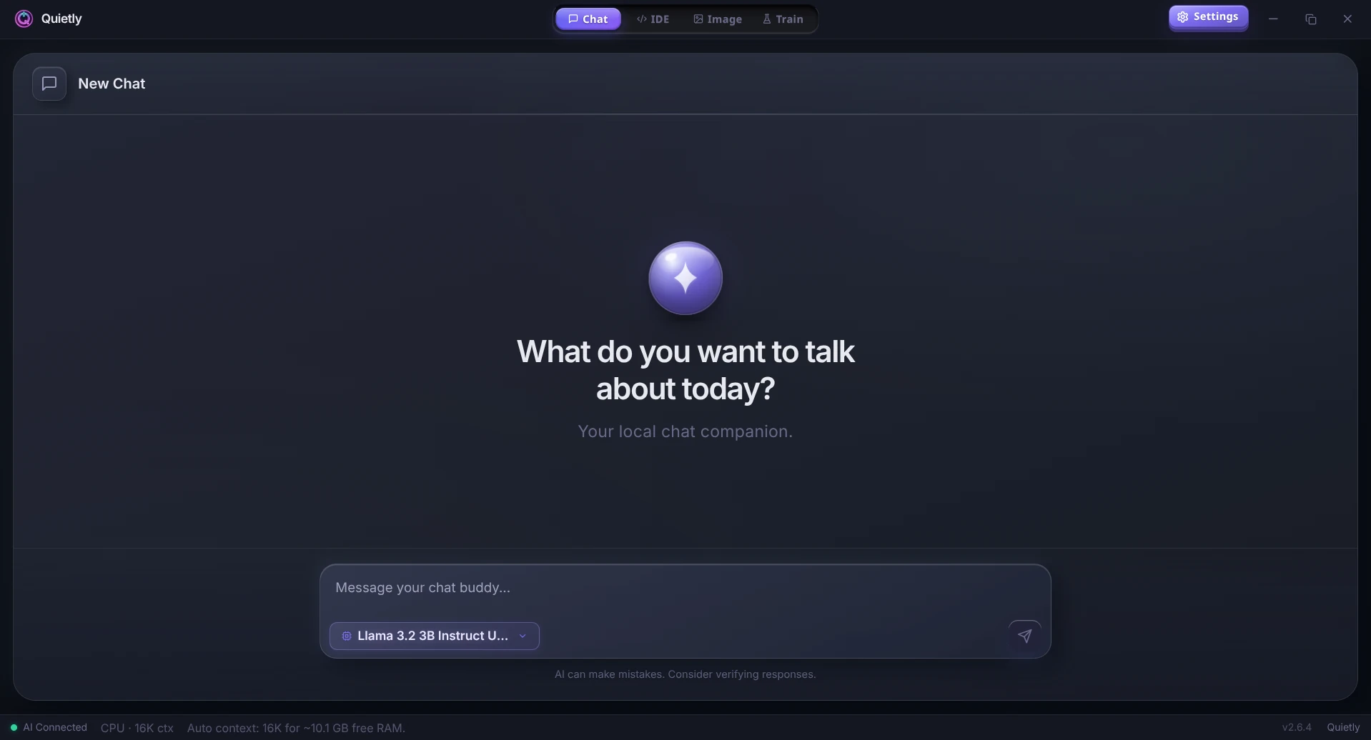 Quietly Chat workspace with a local model selected