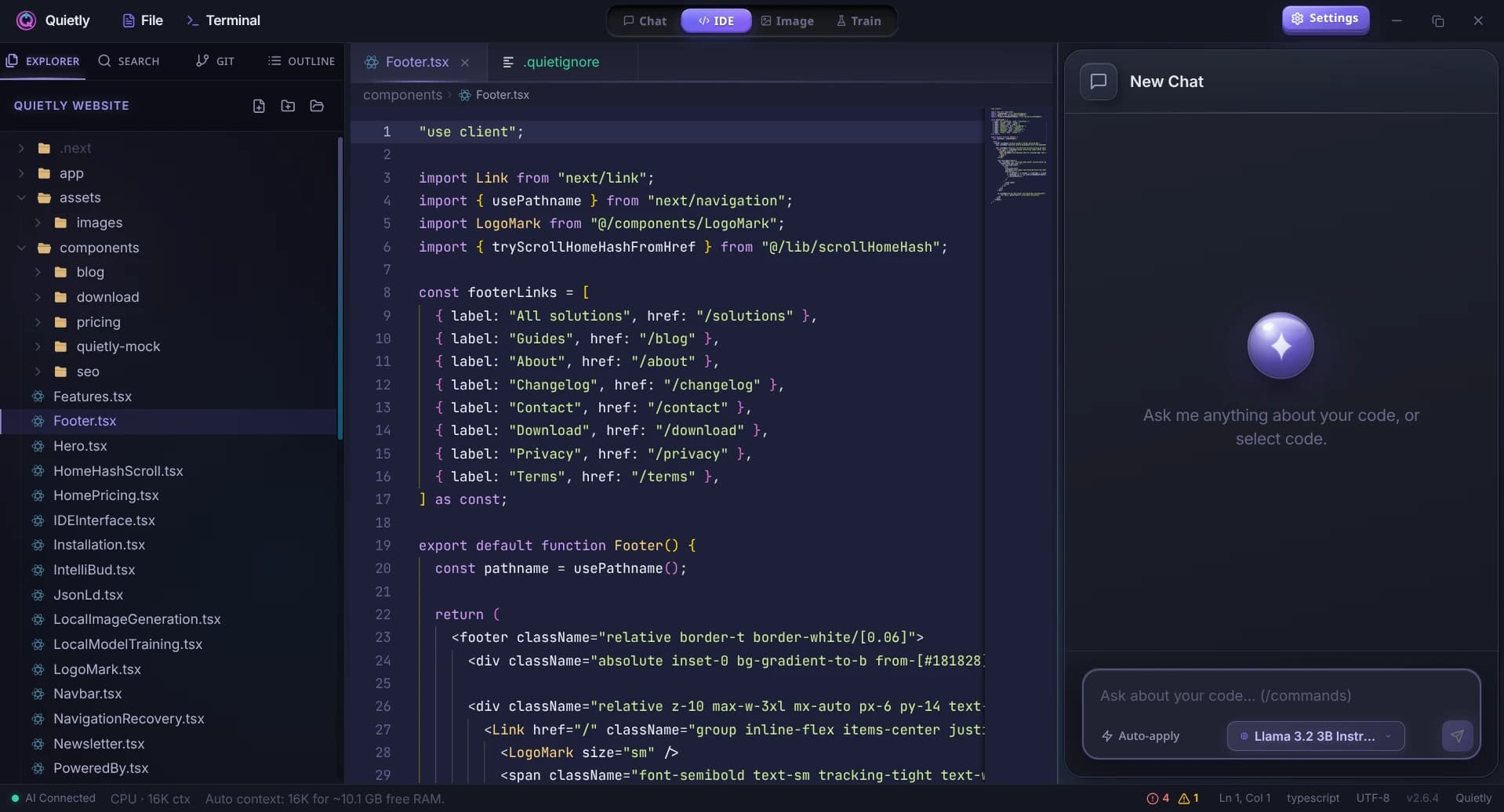 Quietly IDE with file explorer, editor, and local assistant